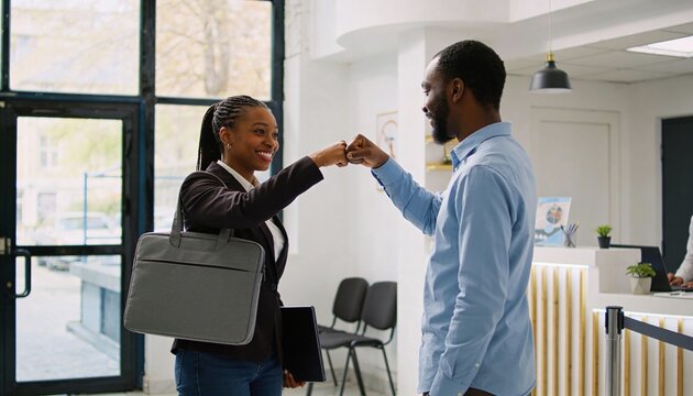 Smiling Black coworkers doing a fist bump in a bright office lobby. Professional man and woman greeting each other. New hire first day at work or graduation success concept