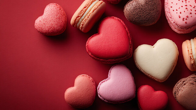 Sweet heart-shaped macaroons on red background. Valentine's Day celebration