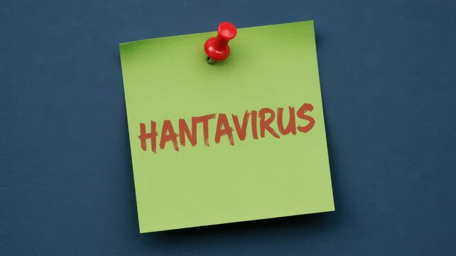 Green sticky note with hantavirus text pinned on a board