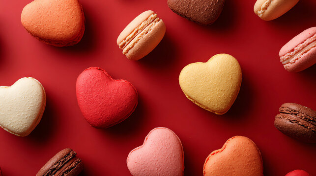 Sweet heart-shaped macaroons on red background. Valentine's Day celebration