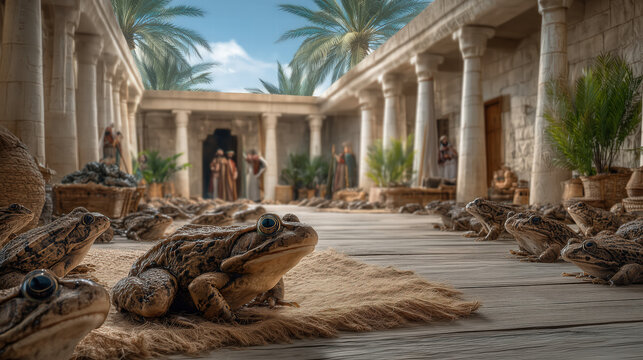 Biblical plague of frogs covering the ancient Egyptian city streets during the ten plagues of Egypt