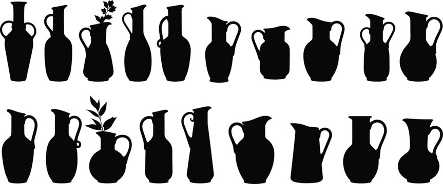Collection of various black silhouettes of jugs and vases on white background