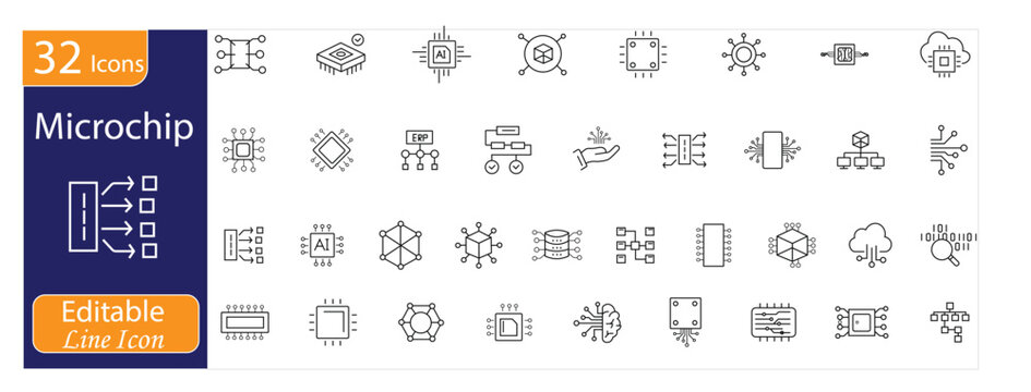 Microchip icons set. Includes processor, integrated circuit, semiconductor, motherboard chip, digital technology, and electronic component symbols. Editable Line icons.
