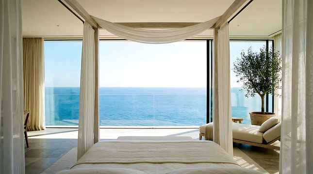 Luxury bedroom with canopy bed and ocean view