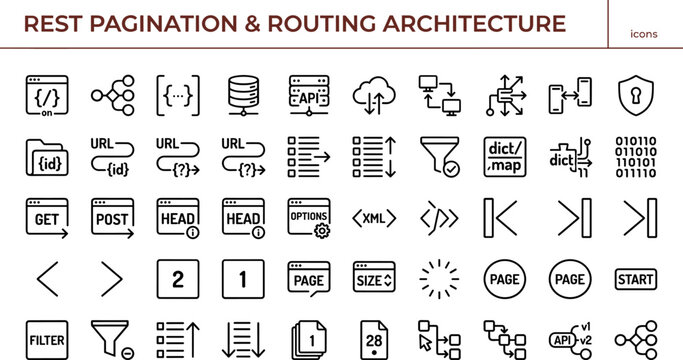 Flat REST pagination and routing architecture icon set with API requests, URL parameters, data flow management, filtering, and vector graphics