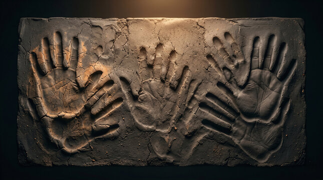 Multiple human handprints impressed into a rectangular clay slab