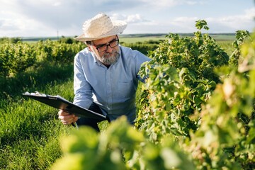 Fototapeta premium Senior male farmer wearing straw hat inspects grapevines while holding clipboard in lush vineyard under bright sky with scattered clouds in the background