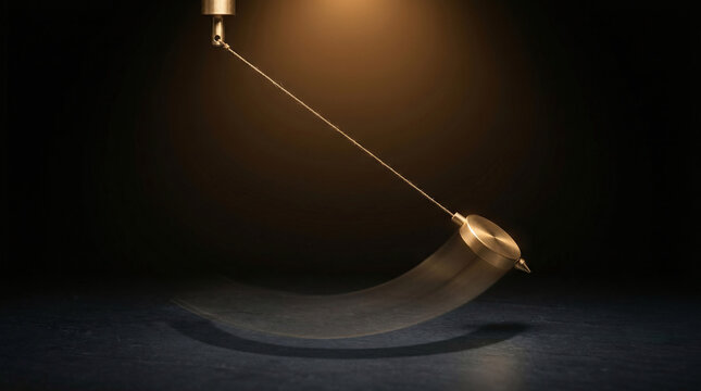 Swinging brass pendulum captured with motion blur against a dark background