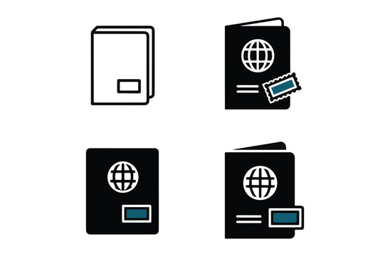 Passport documents set vector icons containing travel booklets identification papers travel visas international flight registration identification cards flat design elements collection
