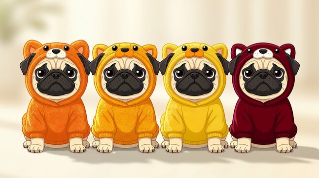 Four adorable pugs dressed in cute animal themed hoodies standing in a row indoors against a soft background