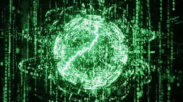 Binary code flows rapidly around a luminous green sphere representing digital global information connectivity.