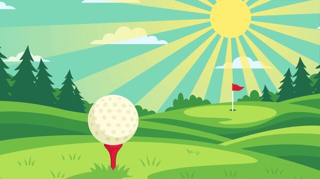 Parallax golf course scenery with ball, tee, flag, rolling fairway, pine trees, radiant sunbeams. Animated golfing landscape with a parallax scrolling effect. Sunny golf course outdoor scene motion