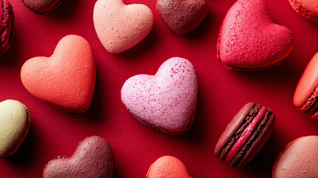 Sweet heart-shaped macaroons on red background. Valentine's Day celebration
