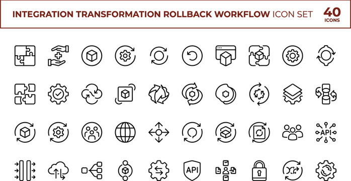 Flat integration transformation rollback workflow icon set with API processing, ETL automation, data synchronization, error handling, and vector graphics