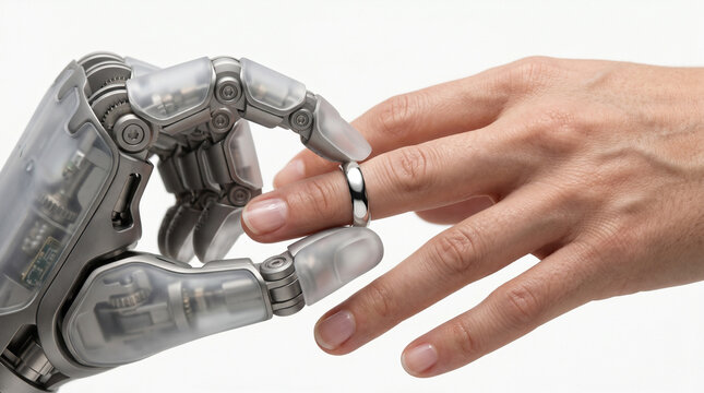 Ringtausch Bionik Bionisch Biorobotik Bionics Trauung Biorobotics Hände Biomechanisch Hochzeit. Bionische Hand steckt menschlicher Hand einen Ehering an.