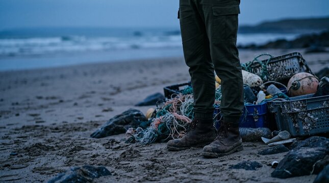 Volunteer standing next to collected ocean plastic debris on a sandy beach.