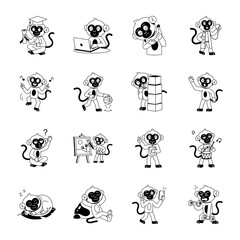 Fototapeta premium Fun monkey cartoon icons depicting graduation, sports, music, painting, fitness, selfies, sleep, and playful daily activities.