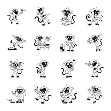 Cute monkey emotion icons featuring happy, sad, funny, sleepy, learning, and playful cartoon expressions in glyph vector style. 

