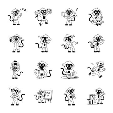Educational and playful monkey icons with learning, reading, running, teaching, sports, and school-themed cartoon activities. 

