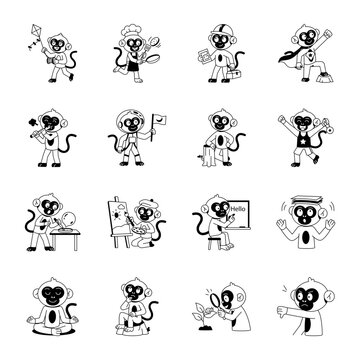 Cartoon monkey characters in festive, superhero, astronaut, teaching, meditation, exploration, and creative role-based activities. 

