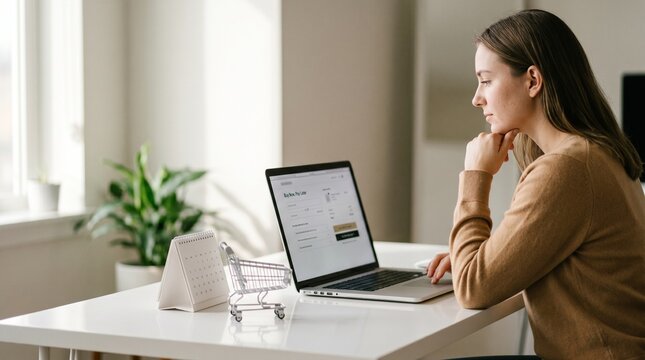 Young woman online shopping on laptop with mini shopping cart in modern home office