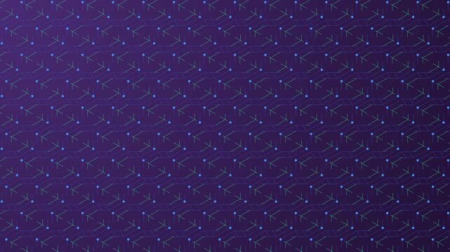Abstract geometric pattern with interconnected nodes and directional arrows in a dark purple gradient background representing data flow network connections and technological concepts
