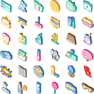 Colorful isometric line art icon set showcasing diverse modern objects and symbols for technology, food, health, creativity, business, communication, science, and everyday life projects