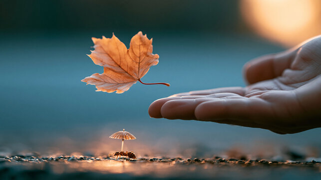 Eine Hand h&auml;lt ein einzelnes orangefarbenes Herbstblatt, das scheinbar schwebt, vor einem unscharfen Hintergrund.