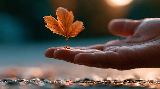 Eine Hand h&auml;lt ein einzelnes orangefarbenes Herbstblatt, das scheinbar schwebt, vor einem unscharfen Hintergrund.