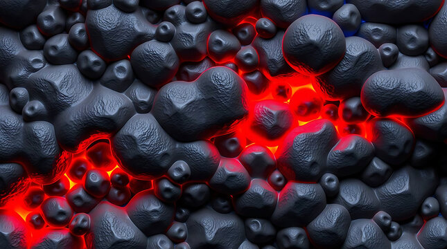 Glowing red embers amidst dark charcoal chunks