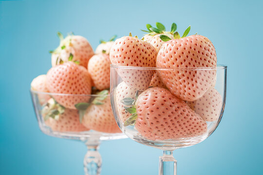 Close up Pineberry strawberries in champagne coupe glasses.