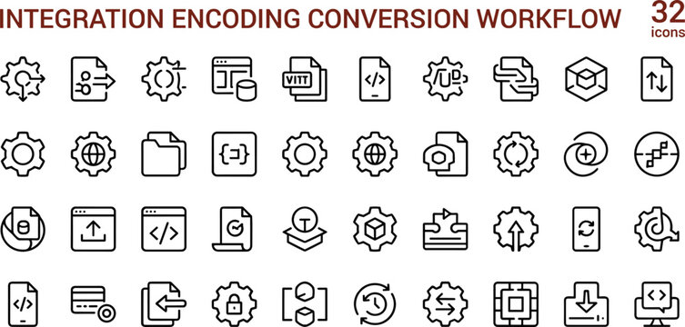 Flat integration encoding conversion workflow icon set with data transformation, format conversion, API processing, file management, and vector graphics
