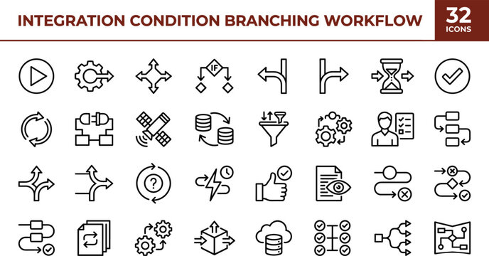 Flat integration condition branching workflow icon set with process automation, decision-making, data routing, task management, and vector graphics