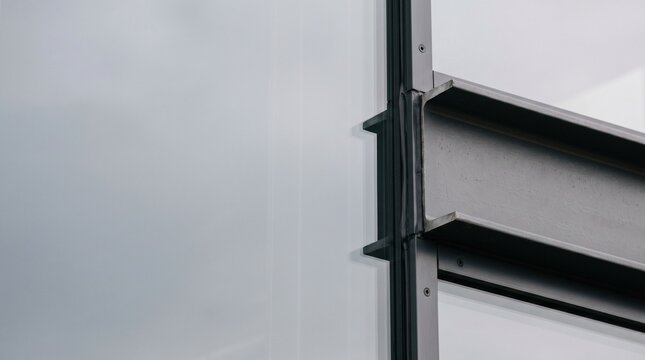Steel beam and glass facade on modern office building exterior.