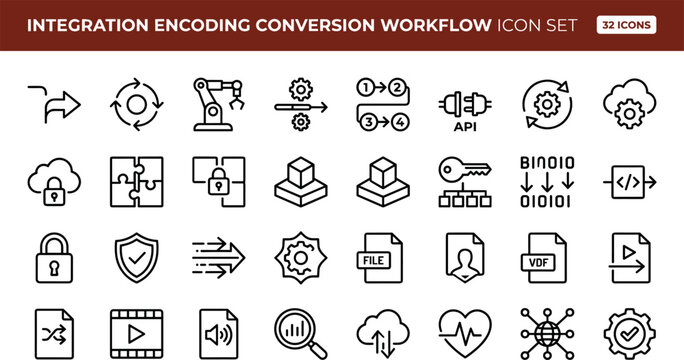 Flat integration encoding conversion workflow icon set with data transformation, file processing, API automation, format conversion, and vector graphics