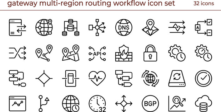 Flat gateway multi-region routing workflow icon set with cloud networking, DNS management, server load balancing, API routing, and vector graphics