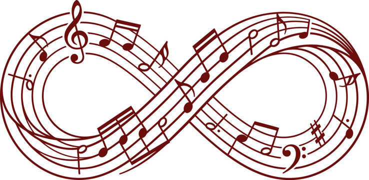 Conceptual Maroon Line Art of Infinity Loop Symbol Formed by Musical Staff and Floating Notation Notes