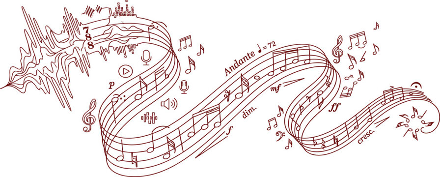 Abstract Wavy Music Staff with Floating Notation Signs, Microphone Icons, and Audio Soundwave in Dark Red Line Art