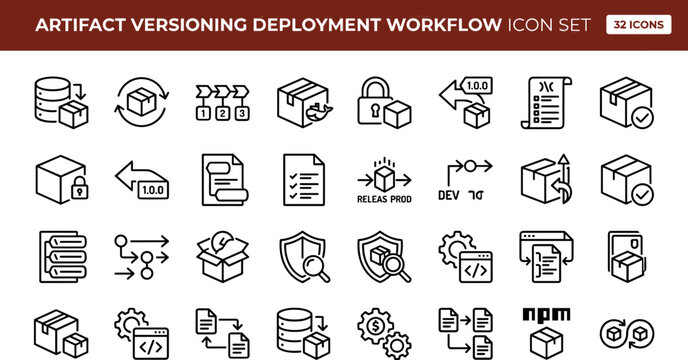 Flat artifact versioning and software deployment workflow icon set with release management, code automation, DevOps, and continuous integration vector graphics