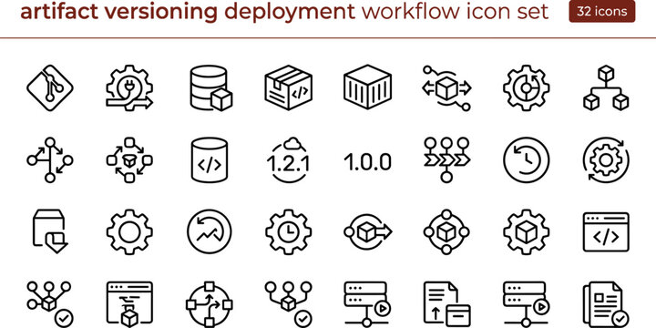 Flat artifact versioning and deployment workflow icon set with software release, code management, continuous integration, and DevOps vector graphics