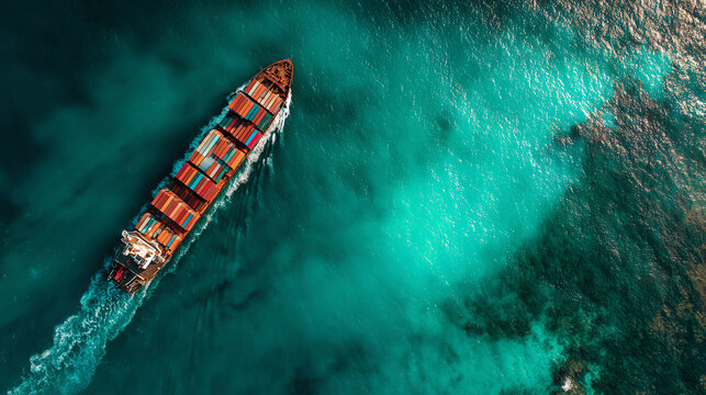On the lake, ships are carrying cargo; containers are piled high in the hold. (Aerial view)