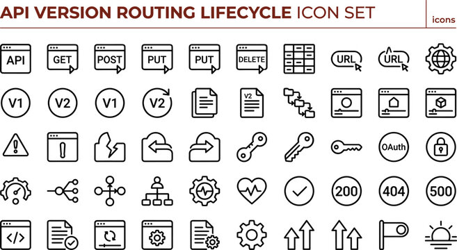 Flat API version routing lifecycle icon set with HTTP methods, version control, endpoint management, request handling, and vector graphics
