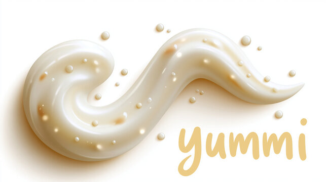 Ein cremig-wei&szlig;er Majon&auml;sewirbel mit Perlen auf wei&szlig;em Hintergrund und dem Schriftzug &bdquo;yummi".
