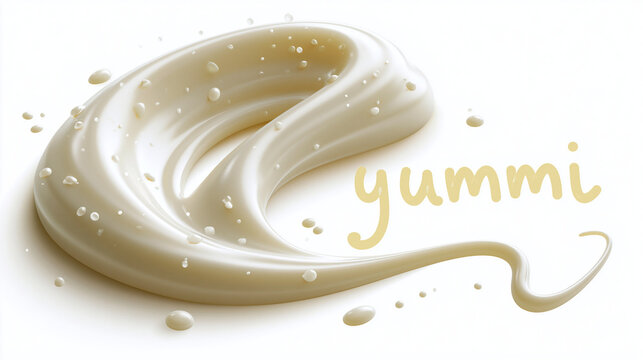 Ein cremig-wei&szlig;er Majon&auml;sewirbel mit Perlen auf wei&szlig;em Hintergrund und dem Schriftzug &bdquo;yummi".