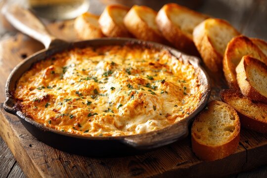 Creamy hot buffalo chicken dip in a baking dish with toasted bread on a rustic wooden board
