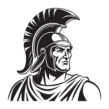 Black and white Trojan warrior spartan soldier vector illustration, ancient Greek military mascot emblem logo template