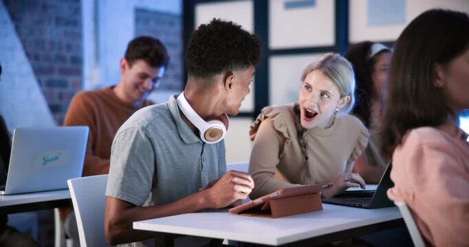 University, shock or friends in class with tech, test results or wow reaction at internship opportunity. College, people or students with tablet, scholarship announcement or surprise at exam feedback