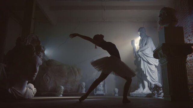 Charming young woman in white tutu dancing in darkness, slow motion shot. Beautiful ballerina performing classical choreography, enjoy music and dance show, choreography class in school of arts