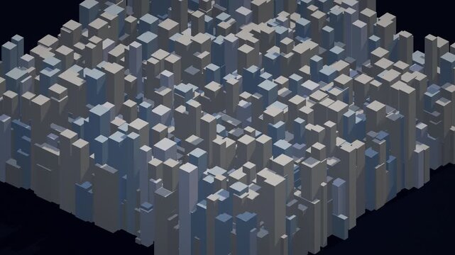 Seamless 4K aerial loop of a glowing futuristic city skyline assembling from light &mdash; procedural towers and data-blocks in cinematic depth.
