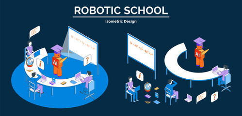 Naklejka premium Cartoon Color Robots and Automations Concept School with Separate Elements Set 3d Isometric View. Vector illustration